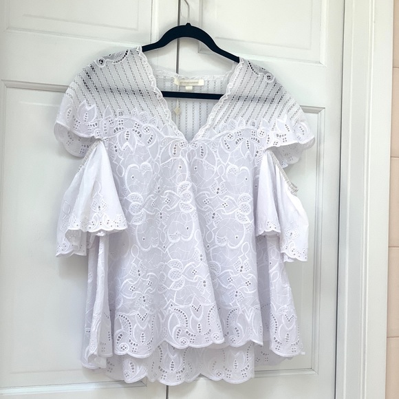 Jonathan Simkhai V-Neck White Crochet Flutter Sleeve Top - Picture 6 of 16